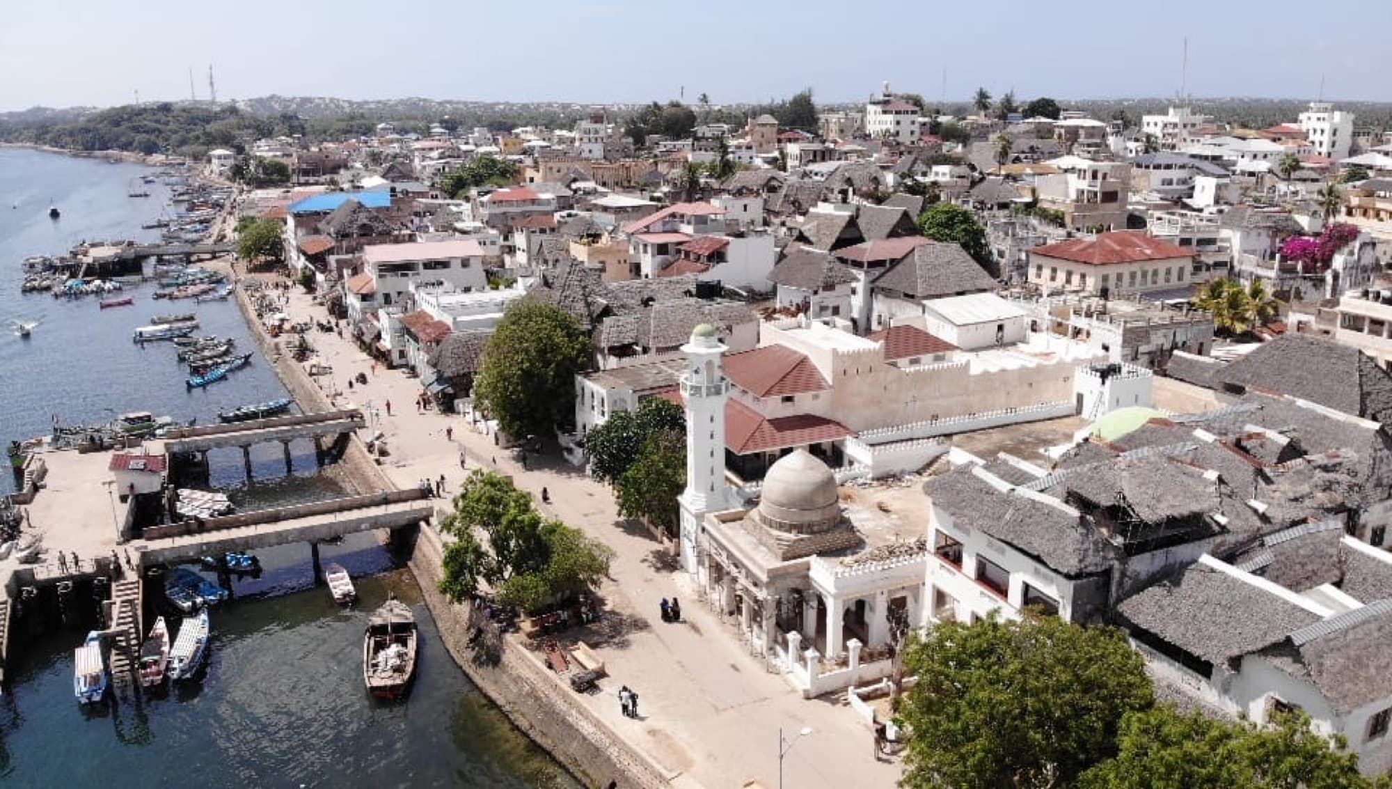 Aerial view of Lamu Old Town's waterfront